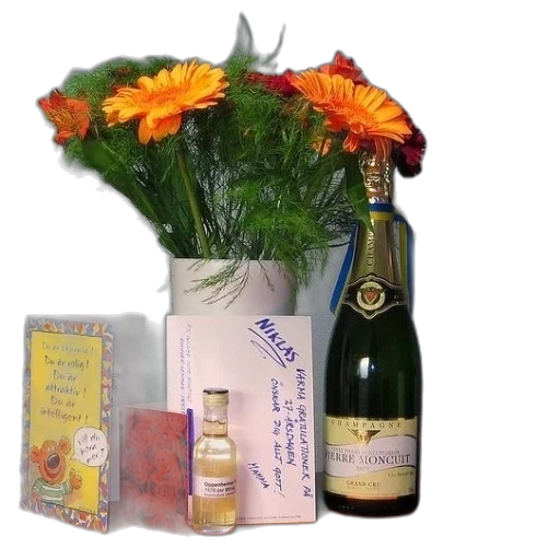 bouquet, flowers, sits, next, two, bottles, wine, card transparent PNG cut-out