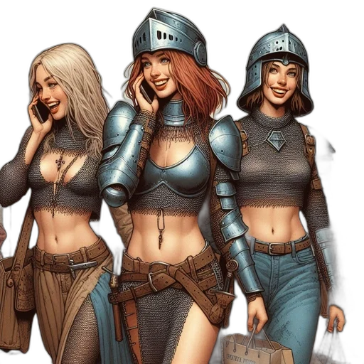 comic book art, concept art, fantasy art, cyberpunk, blue, earth tones, three, women transparent PNG cut-out