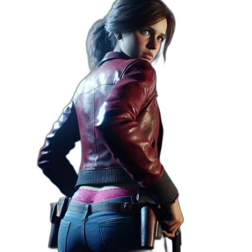 jacket, weapon, concept art, cyberpunk, photorealistic, 3d render, red, woman transparent PNG cut-out