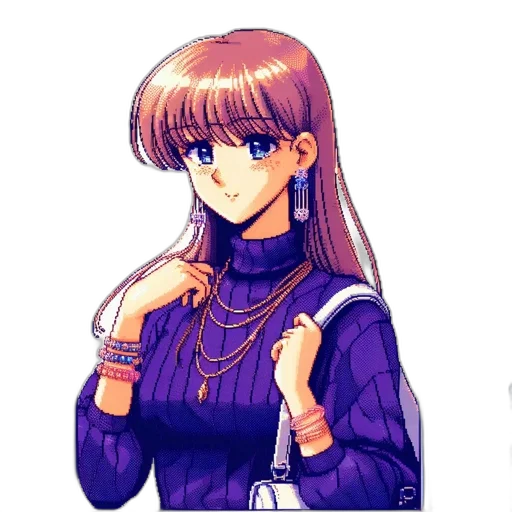 jacket, staff, jewelry, dress, anime, pixel art, watercolor, vaporwave transparent PNG cut-out