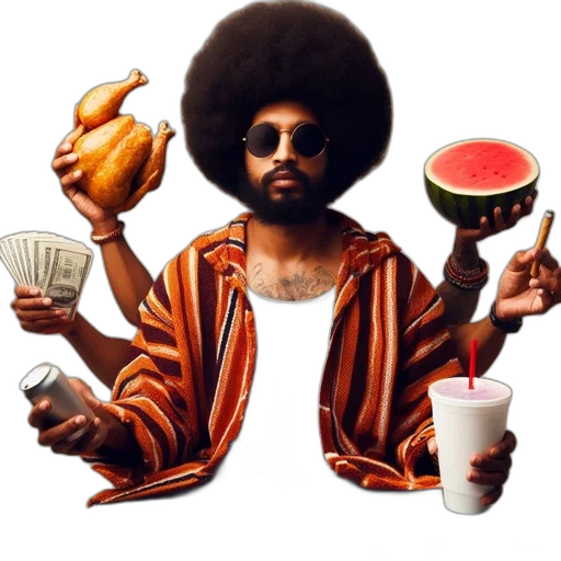 food, concept art, pixel art, photorealistic, individual, afro, sunglasses, many transparent PNG cut-out