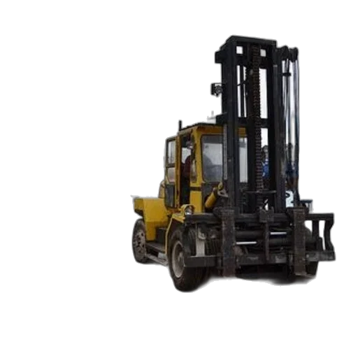 yellow, forklift, parked, next, old, bus, front, brick transparent PNG cut-out