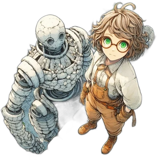 robot, staff, concept art, pixel art, fantasy art, 3d render, monochrome, earth tones transparent PNG cut-out