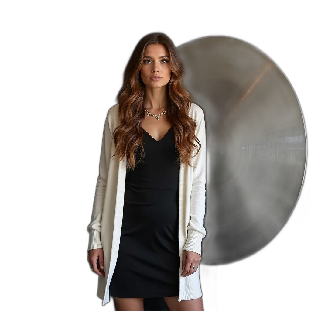 dress, jacket, jewelry, staff, monochrome, dark, earth tones, woman transparent PNG cut-out