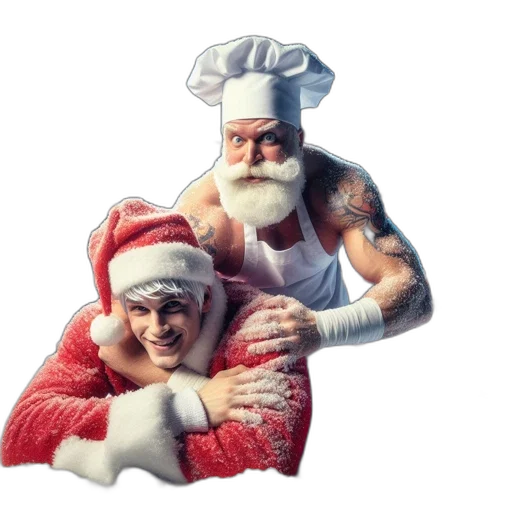 food, concept art, two, santas, playfully, wrestle, snowy, scene transparent PNG cut-out