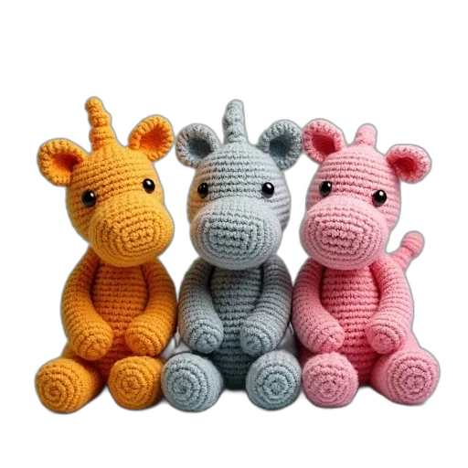 three, crocheted, hippoys, sitting transparent PNG cut-out