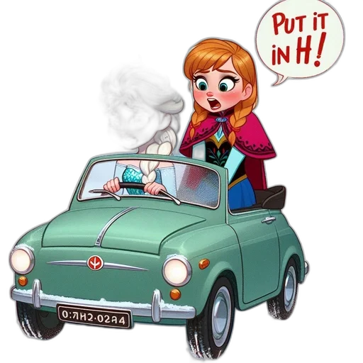 car, cartoon, concept art, photorealistic, comic book art, city street, elsa, anna transparent PNG cut-out
