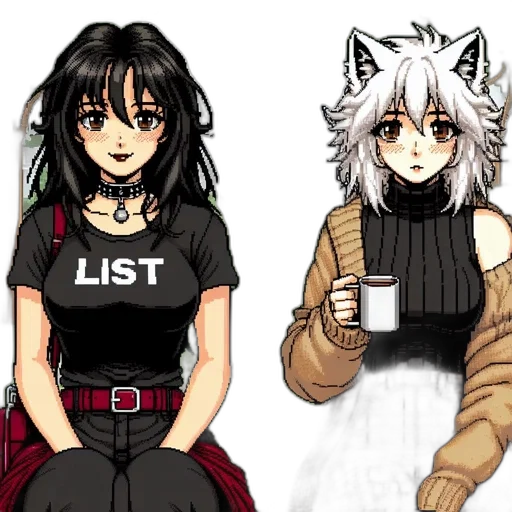 anime, pixel art, concept art, cartoon, monochrome, dark, two, animated transparent PNG cut-out