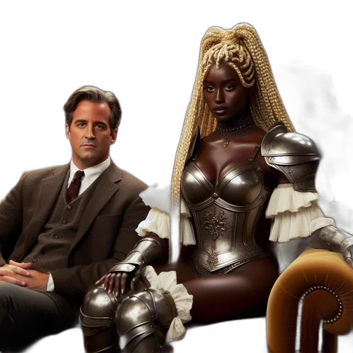 man, suit, woman, metallic, armor, sit, side, orange transparent PNG cut-out