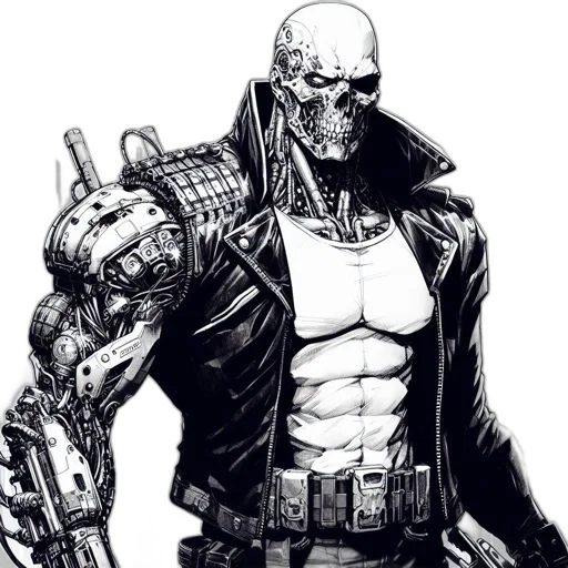 weapon, jacket, robot, comic book art, cyberpunk, concept art, pixel art, muscular transparent PNG cut-out