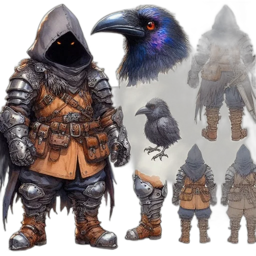 concept art, fantasy art, dark, earth tones, monochrome, blue, hooded, humanoid transparent PNG cut-out