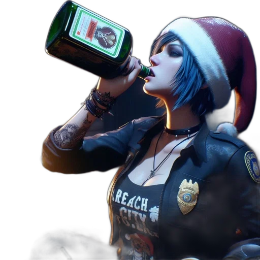 bottle, jacket, weapon, hat, concept art, cyberpunk, 3d render, photorealistic transparent PNG cut-out