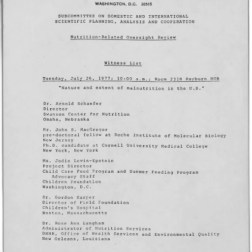document, titled, nutrition-related, oversight, review, lists, various, witnesses transparent PNG cut-out