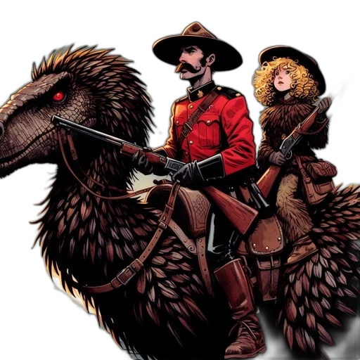comic book art, concept art, two, riders, face, fearsome, flight, atop transparent PNG cut-out