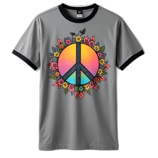 colorful, grey, t-shirt, peace, sign, design, front, surrounded transparent PNG cut-out