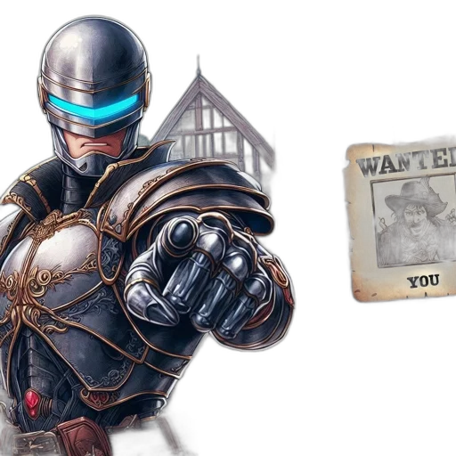 weapon, robot, concept art, comic book art, medieval, town, futuristic, armored transparent PNG cut-out