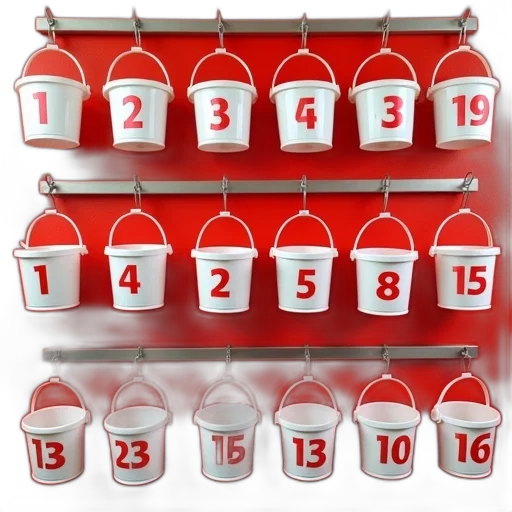 red, collection, white, buckets, numbers, them, hanging, wall transparent PNG cut-out