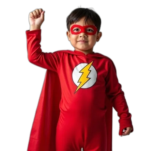 child, dressed, red, superhero, costume, lightning, bolt, emblem transparent PNG cut-out