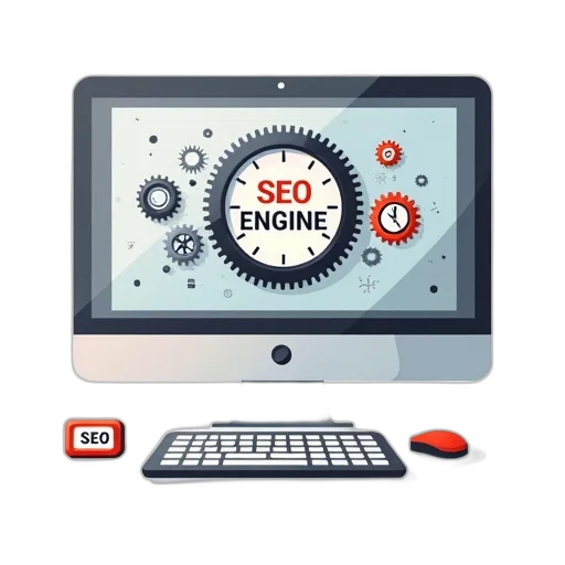second, image, stylized, illustration, computer, monitor, large, gear transparent PNG cut-out