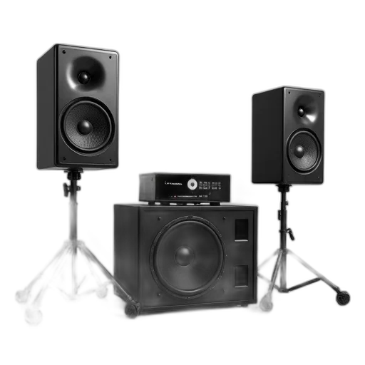 3d render, photorealistic, black, speaker, system, large, left, two transparent PNG cut-out