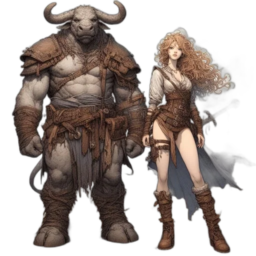 concept art, fantasy art, comic book art, pixel art, earth tones, monochrome, muscular, bull-headed transparent PNG cut-out