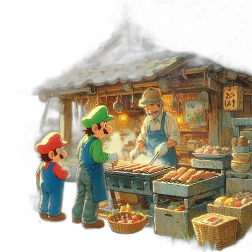 food, concept art, 3d render, pixel art, photorealistic, snow, fog, city street transparent PNG cut-out