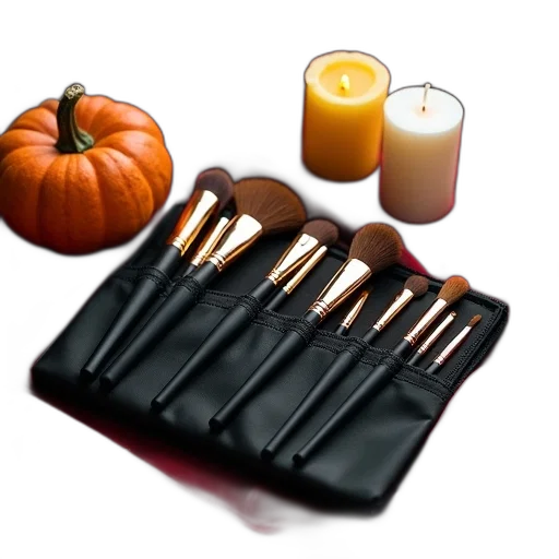 dark, golden, collection, makeup, brushes, pumpkin, displayed, red transparent PNG cut-out
