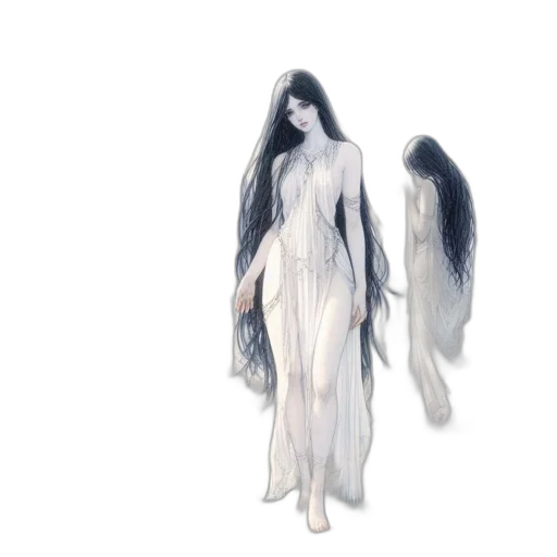 dress, creature, hair, concept art, fantasy art, 3d render, photorealistic, monochrome transparent PNG cut-out