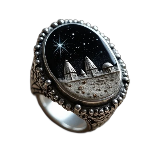 jewelry, fantasy art, 3d render, outer space, silver, ring, black, onyx transparent PNG cut-out