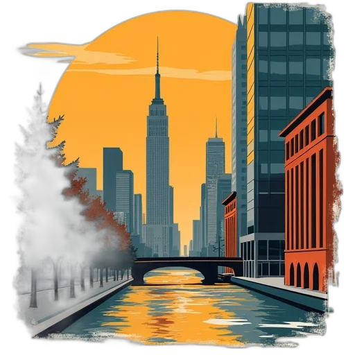 concept art, photorealistic, watercolor, pixel art, city street, sunset, fog, golden transparent PNG cut-out