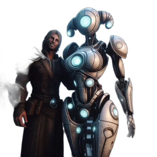 robot, staff, concept art, cyberpunk, 3d render, fantasy art, man, long transparent PNG cut-out