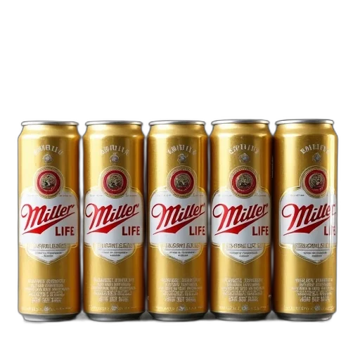 bottle, golden, row, five, identical, cans, miller, high transparent PNG cut-out