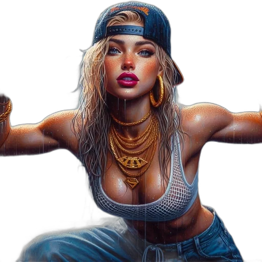 jewelry, photorealistic, comic book art, concept art, fantasy art, neon lights, woman, posing transparent PNG cut-out