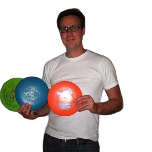staff, 3d render, man, white, shirt, holds, three, frisbees transparent PNG cut-out