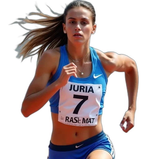 female, athlete, running, track, wearing, blue, white, athletic transparent PNG cut-out