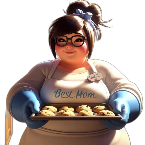 food, concept art, photorealistic, 3d render, cartoon, woman, apron, blue transparent PNG cut-out