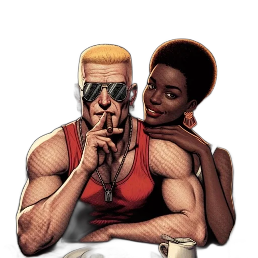 comic book art, concept art, cartoon, cyberpunk, two, individuals, sit, woodland transparent PNG cut-out