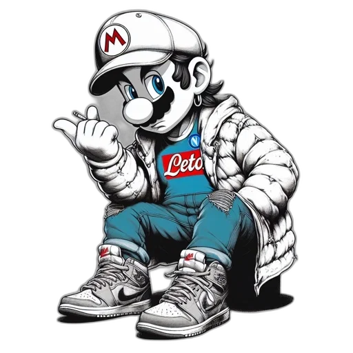 shoes, jacket, cartoon, concept art, comic book art, photorealistic, mario, iconic transparent PNG cut-out