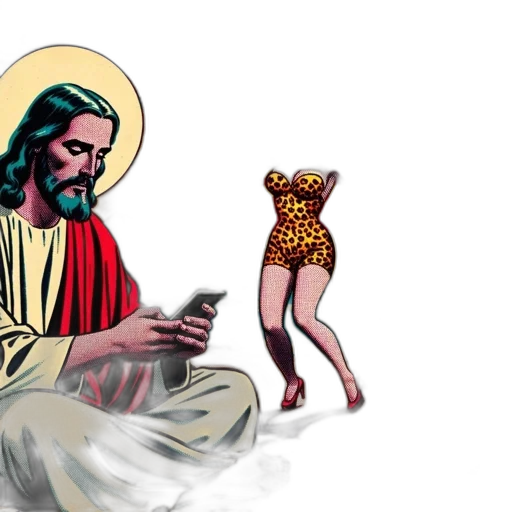 concept art, vaporwave, illustration, features, two, figures, jesus, christ transparent PNG cut-out