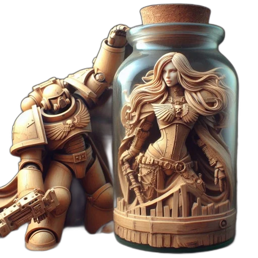 bottle, robot, concept art, fantasy art, 3d render, pixel art, underwater, golden transparent PNG cut-out