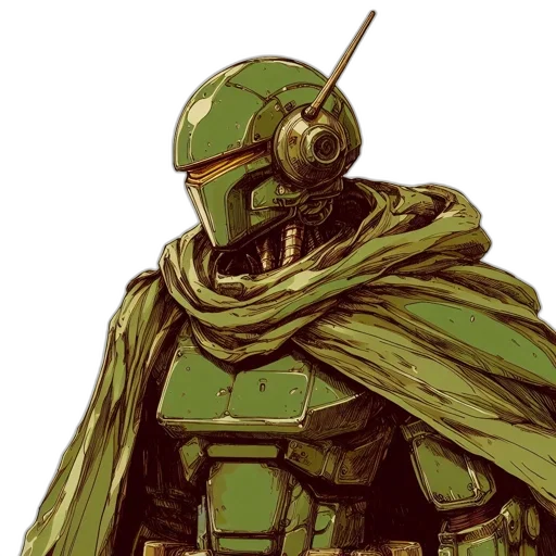 robot, weapon, concept art, comic book art, pixel art, fantasy art, green, earth tones transparent PNG cut-out