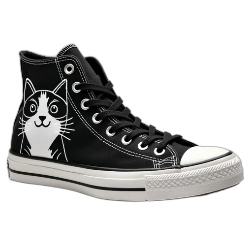 shoes, photorealistic, cartoon, black, white, kitty, pattern, high transparent PNG cut-out