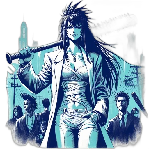 staff, comic book art, anime, concept art, cyberpunk, blue, illustration, five transparent PNG cut-out