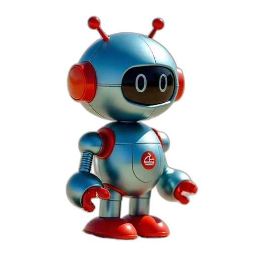 robot, 3d render, concept art, pixel art, small, metallic, blue, red transparent PNG cut-out