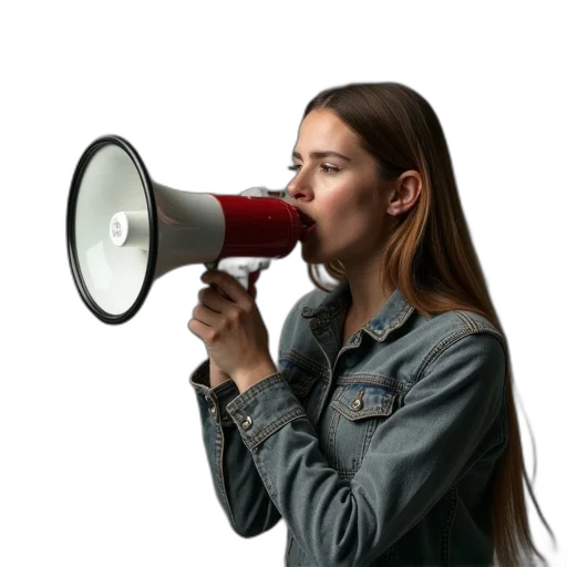 staff, weapon, face, young, woman, shouting, megaphone, photo transparent PNG cut-out