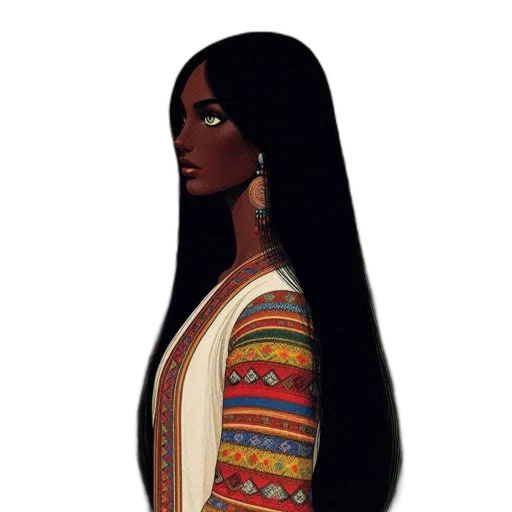 dress, hair, jewelry, concept art, fantasy art, cartoon, pixel art, earth tones transparent PNG cut-out