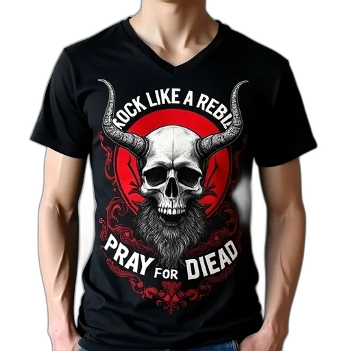 black, t-shirt, graphic, design, featuring, skull, horns, red transparent PNG cut-out