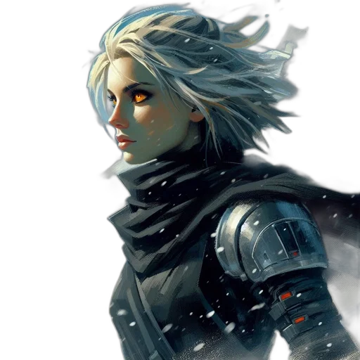 robot, concept art, fantasy art, comic book art, cyberpunk, snow, woman, silver-white transparent PNG cut-out