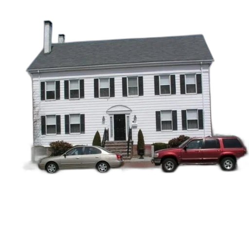 building, car, furniture, 3d render, photorealistic, concept art, city street, two-story transparent PNG cut-out