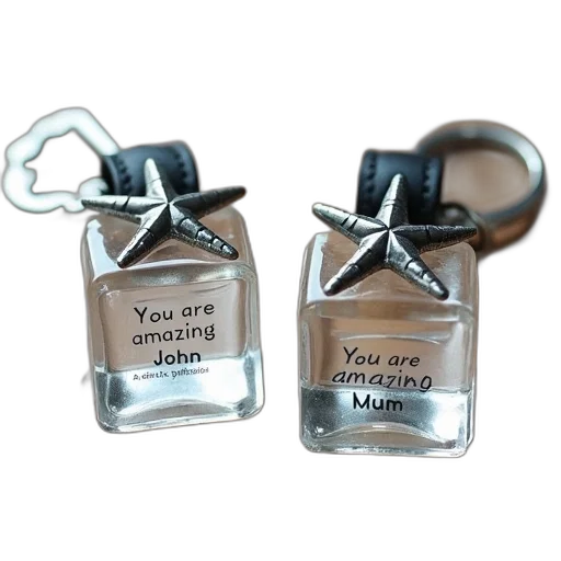 bottle, jewelry, two, clear, glass, keychains, starfish, design transparent PNG cut-out
